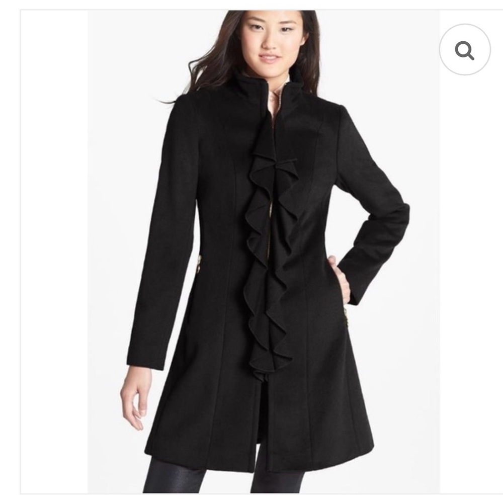 Tahari Black Trench Coat with Ruffle and Gold Accents NWT size 6